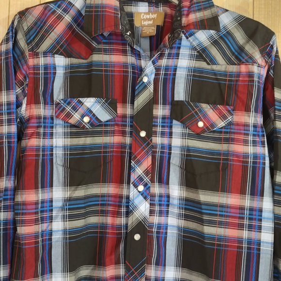 Cowboy Legend Window Black Red Plaid Pearl Snap Button Western Boys Shirt XL - Picture 2 of 8